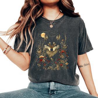 Black Wolf Full Moon Boho Floral Mystical Graphic Women Women's Oversized Comfort T-Shirt - Thegiftio UK