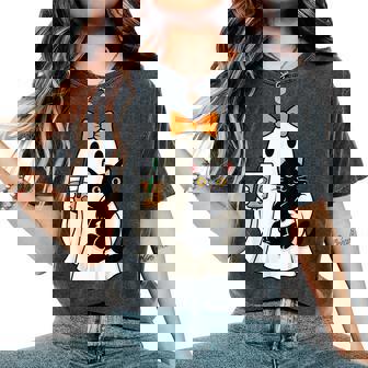 Cute Halloween Cat Ghost Drinking Coffee Ghost Girls Women's Oversized Comfort T-Shirt - Thegiftio