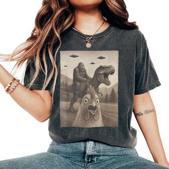 Chicken Chicken Selfie Bigfoot Riding T Rex Women's Oversized Comfort T-Shirt - Thegiftio UK