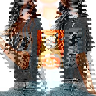 Vintage Black Cat Halloween Pumpkin Spooky Ghost Women Women's Oversized Comfort T-Shirt | Mazezy