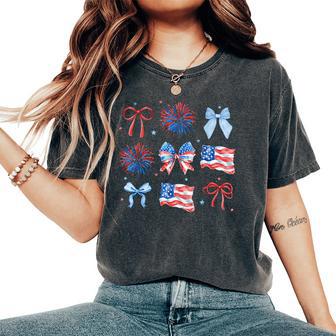 Girls Usa Flag Fireworks Bows Patriotic 4Th Of July Coquette Women's Oversized Comfort T-Shirt - Thegiftio UK