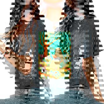 Groovy Ghost Reading Book Black Cat Halloween Ghost Teacher Women's Oversized Comfort T-Shirt - Thegiftio