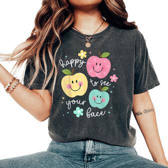 Happy To See Your Face Groovy Apple Smile Face Teacher Women's Oversized Comfort T-Shirt - Thegiftio UK