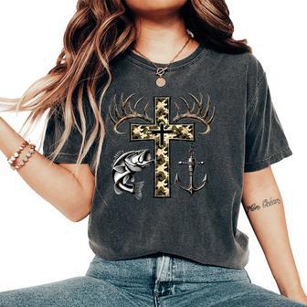 Hunting Fishing Cross Camo Faith Christian Fisherman Hunter Women's Oversized Comfort T-Shirt - Thegiftio UK