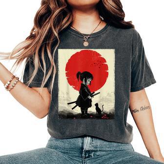 Japanese Samurai Girl Black Cat Ukiyo-E Katana Vintage Women's Oversized Comfort T-Shirt - Thegiftio UK