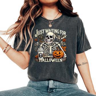 Just Waiting For Halloween Skeleton Coffee Jack Or Lantern Women's Oversized Comfort T-Shirt - Thegiftio UK