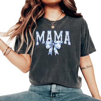 Mama Coquette Toile Blue Bow Floral Mother's Day Mom Family Women's Oversized Comfort T-Shirt - Thegiftio UK
