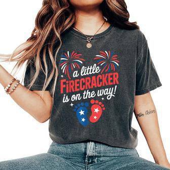 Mom 4Th Of July Baby Reveal Little Firecracker Is On The Way Women's Oversized Comfort T-Shirt - Thegiftio UK