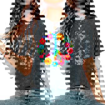 Peace Love Flower Power レトロ ヒッピー コスチューム タイダイ 60年代 70年代 レディースオーバーサイズコンフォートTシャツ - Kawaiitshirt