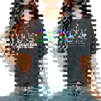 Peace Love Rescue Dog Paws Tie Dye Rainbow Animals Women's Oversized Comfort T-Shirt - Monsterry