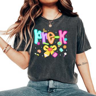 Preppy Pre-K Pencil Bow Back To School Pre-K Teacher Girls Women's Oversized Comfort T-Shirt - Thegiftio UK