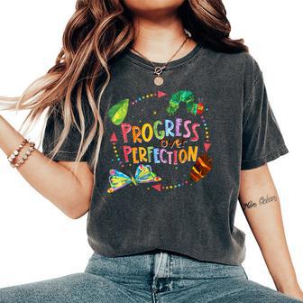 Progress Over Perfection Caterpillar Teacher Back To School Women's Oversized Comfort T-Shirt - Thegiftio UK