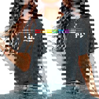 Proud Ally Bars Equality Lgbtq Rainbow Flag Gay Pride Ally レディースオーバーサイズコンフォートTシャツ - Kawaiitshirt