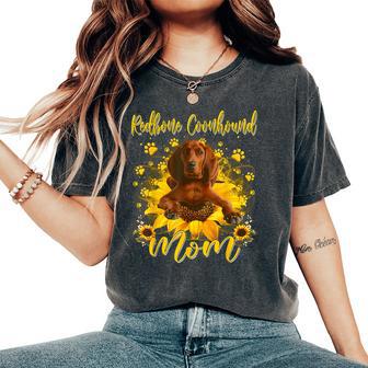 Redbone Coonhound Dog Mom With Sunflower Dog Paws Mothers Women's Oversized Comfort T-Shirt - Monsterry