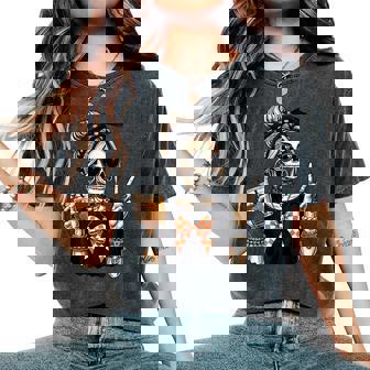 Skeleton Girl Drinking Coffee Peace Sign Graphic For Women Women's Oversized Comfort T-Shirt - Monsterry