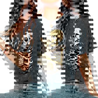 Skeleton Hugging Cat Halloween Cat Lover Cat Mom Dad Bruh For Women Women's Oversized Comfort T-Shirt - Thegiftio