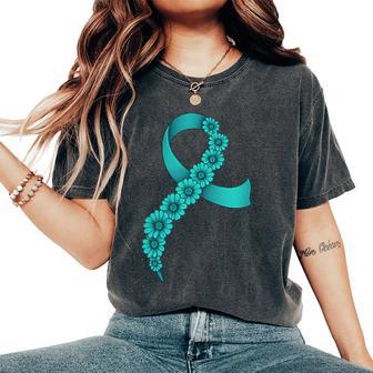 Teal Ribbon Supporter Ovarian Cancer Awareness Women's Oversized Comfort T-Shirt - Thegiftio UK