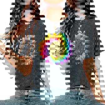 Tie Dye Girasol Peace Love 60S 70S Hippie Retrointage Cuello Camiseta extragrande cómoda para mujer - Regaloses