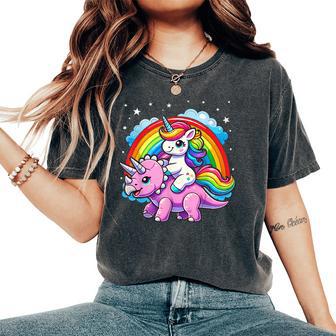 Unicorn Riding Dinosaur Triceratops Boys Girls Rainbow Women's Oversized Comfort T-Shirt - Thegiftio UK