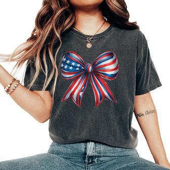 Vintage American Flag Bow 4Th Of July Patriotic Girls Women Women's Oversized Comfort T-Shirt - Thegiftio UK