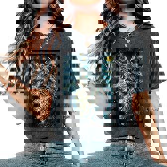 メインクーン 猫 ゴッホ 星月夜 猫好き 猫 お母さん お父さん レディースオーバーサイズコンフォートTシャツ - Kawaiitshirt