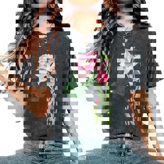 咲く蓮の花 蓮の花 ハス ヴィンテージ 日本美術 小原古邨 新版画 レディースオーバーサイズコンフォートTシャツ - Kawaiitshirt