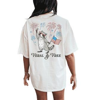Feral & Free Usa Flag 4Th Of July Fireworks Raccoon Women Women's Oversized Comfort T-Shirt Back Print - Thegiftio UK