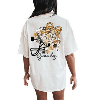 Floral Football Game Day Girly Bow Team Spirit Black & Gold Women's Oversized Comfort T-Shirt Back Print - Monsterry