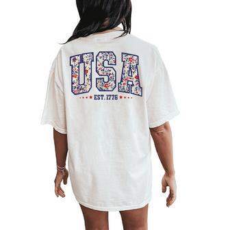 Floral Usa Est 1776 American 4Th Of July Patriotic Women Women's Oversized Comfort T-Shirt Back Print - Thegiftio UK