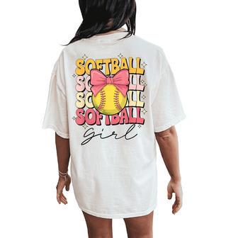 Groovy Softball Girl Girls Coquette Bow Softball Women's Oversized Comfort T-Shirt Back Print - Thegiftio