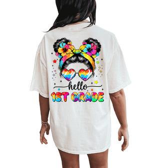 Hello 1St Grade Messy Bun First Day Of School Outfits Girls Women's Oversized Comfort T-Shirt Back Print - Thegiftio