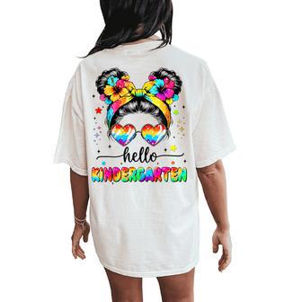 Hello Kindergarten Messy Bun First Day Of School Outfits Women's Oversized Comfort T-Shirt Back Print - Thegiftio UK