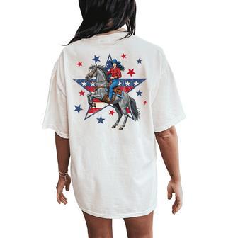 Patriotic American Cowgirl Riding Horse Usa Flag 4Th Of July Women's Oversized Comfort T-Shirt Back Print - Thegiftio UK
