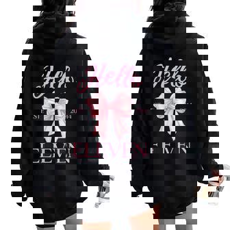 11Th Birthday Girl Cute Coquette Bow Hello Eleven Est 2014 Women Oversized Hoodie Back Print | Mazezy