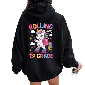 1St Grade Back To School Cute Unicorn First Day First Grade Women Oversized Hoodie Back Print - Thegiftio UK