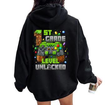 1St Grade Level Unlocked Video Gamer Pixel Back To School Women Oversized Hoodie Back Print - Thegiftio UK