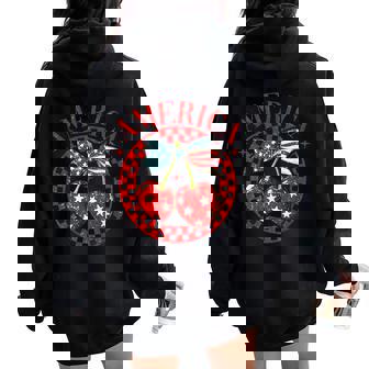 America Cherries Bow 4Th Of July Girls Womans Usa Flag Women Oversized Hoodie Back Print - Thegiftio