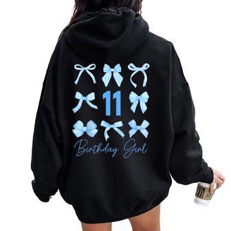 Birthday Girl Blue Coquette Bow 11 Year Old Aesthetic Girly Women Oversized Hoodie Back Print - Thegiftio UK