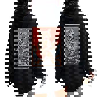 Cat Playing Guitar Distressed Rock And Roll Women Oversized Hoodie Back Print - Thegiftio