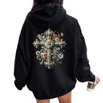 Christliche Geschenke Jesús Fe Cruz Espiritual Cristiano Floral Manga Corta Negra Talla Pequeña Women Oversized Hoodie Back Print - Regaloses