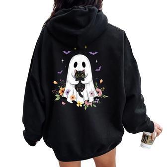 Cute Cat Ghost Flowers Spooky Halloween Vibes Women Women Oversized Hoodie Back Print - Thegiftio UK