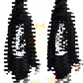 Cute Halloween Cat Ghost Drinking Coffee Ghost Girls Women Oversized Hoodie Back Print - Thegiftio