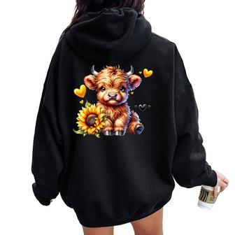 Cute Highland Cow With Sunflower Girl Women Oversized Hoodie Back Print - Thegiftio UK