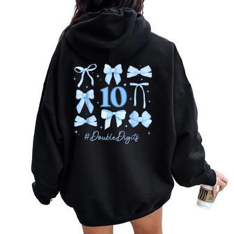 Double Digits Birthday Girl 10Th Birthday Coquette Bow Blue Women Oversized Hoodie Back Print - Thegiftio UK