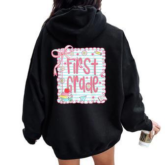 First Grade Coquette Bow Pink Preppy Back To School Girls Women Oversized Hoodie Back Print - Thegiftio UK