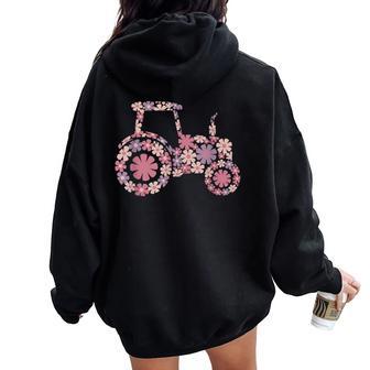 Floral Flower Pattern Tractor Silhouette Farming Girl Women Oversized Hoodie Back Print - Thegiftio UK