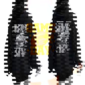 Game Day Football Bow Cheer Mom Girl Yellow Gold Team Spirit Women Oversized Hoodie Back Print - Thegiftio