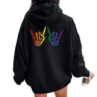 Gay Pride Month Rocker Skeleton Lgbtq Ally Rainbow Women Women Oversized Hoodie Back Print - Thegiftio UK