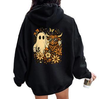 Highland Cow & Ghost Retro Autumn Floral Aesthetic Women Oversized Hoodie Back Print - Thegiftio UK