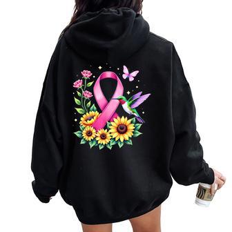 Hummingbird Sunflower Pink Ribbon Breast Cancer Awareness Women Oversized Hoodie Back Print - Thegiftio UK